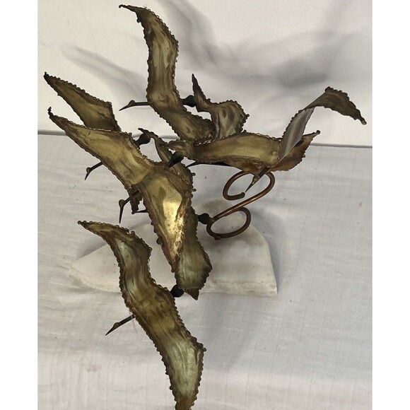 Brutalist Brass Birds in Flight Torch Cut Sculpture on Marble Base MCM 15x15 - Picture 2 of 11